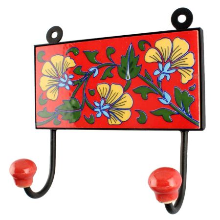 Red With Forest Green Leaf Flower Ceramic Tile Wall Hook